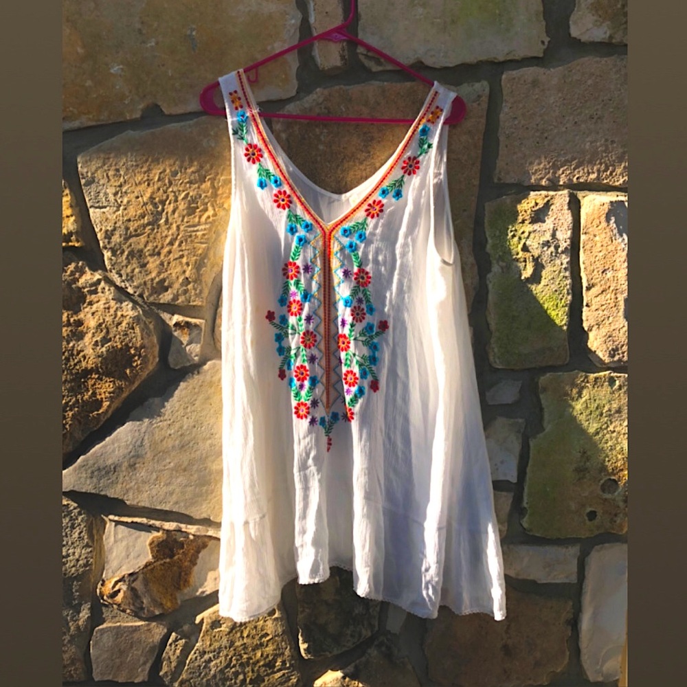 Vintage White Swim Cover With Floral Embroidery